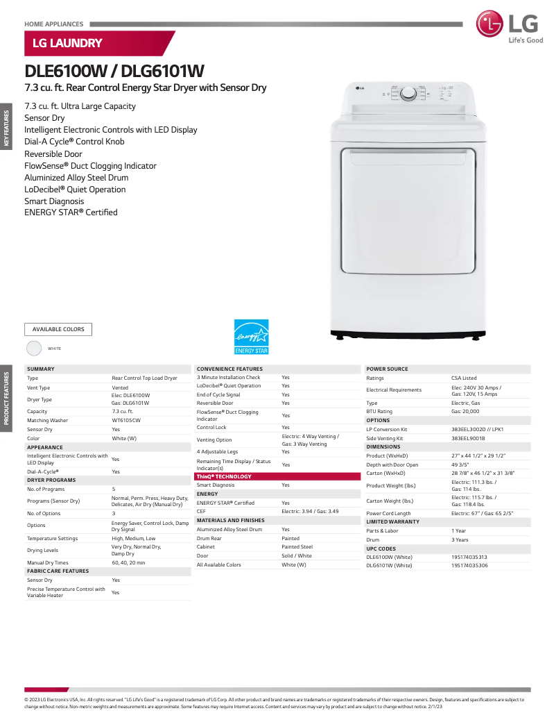Página 1 del manual Ficha técnica LG DLE6100W