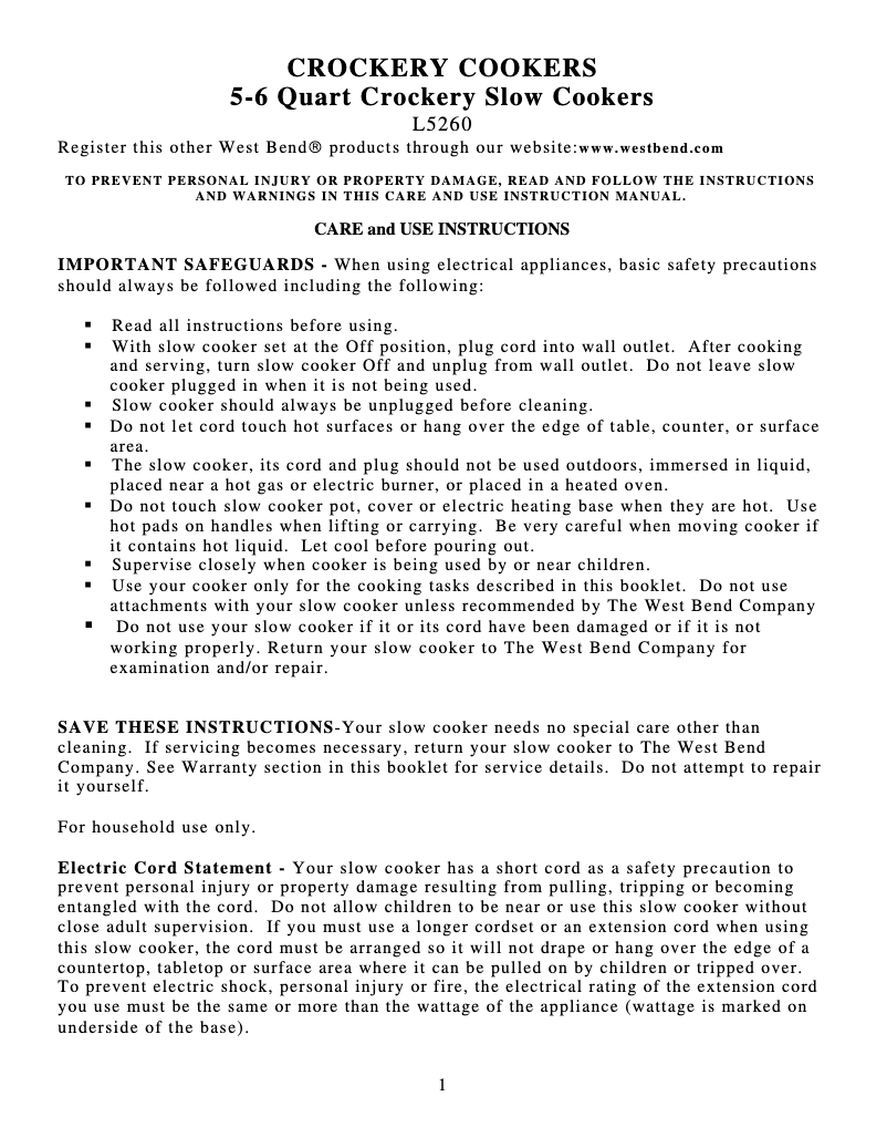 Página nº 1 - Manual de usuario WestBend 84306