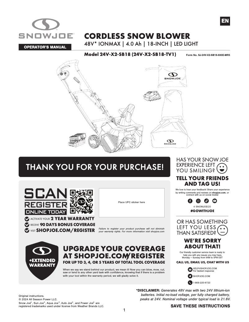 Página 1 del manual Manual de usuario Snow Joe 24V-X2-SB18-TV1