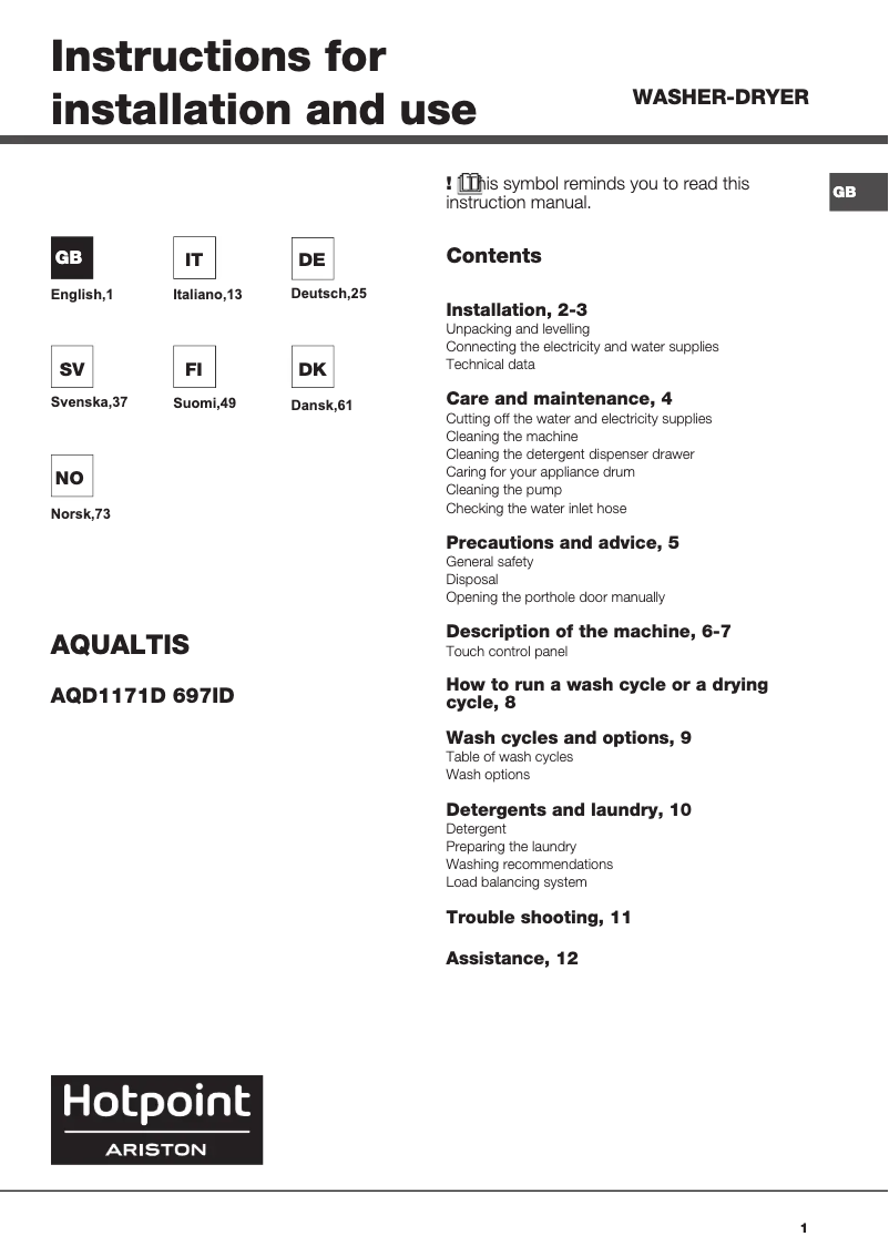 Imagen de la primera página del manual del dispositivo AQD1171D 697ID EU/A