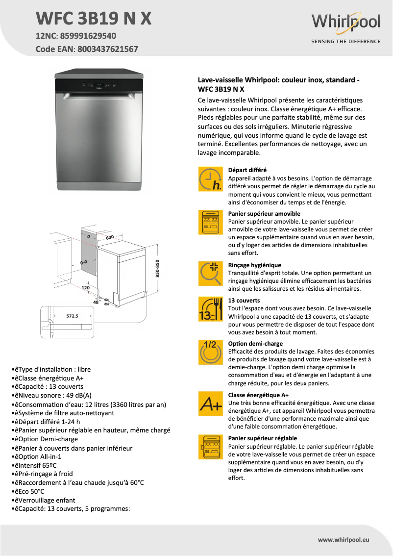 Página 1 del manual Ficha técnica Whirlpool WFC 3B19