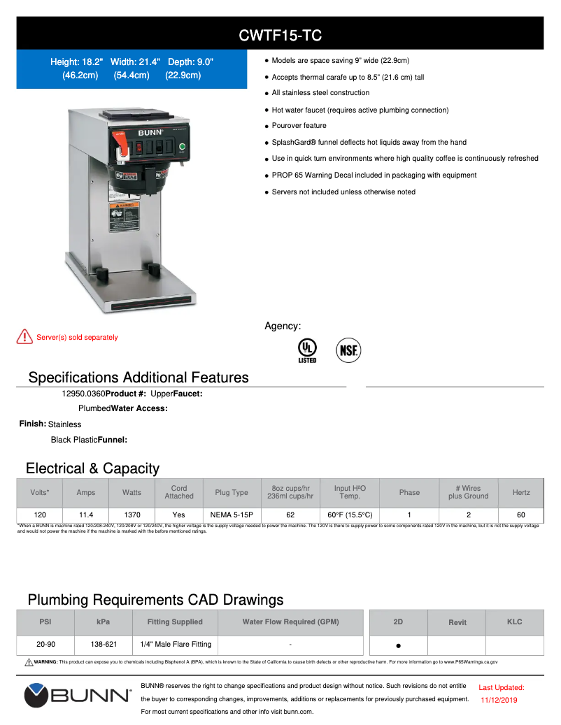 Página 1 del manual Ficha técnica Bunn CWTF15-TC