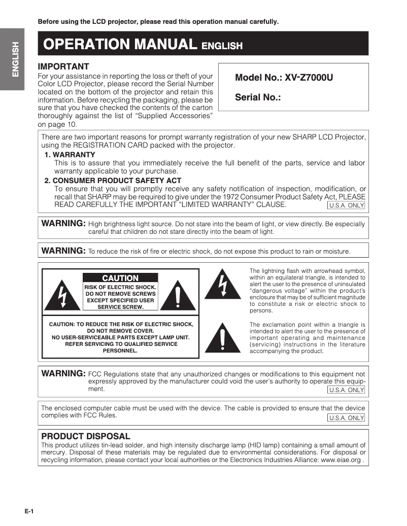 Página 1 del manual Manual de usuario Sharp XV-Z7000U