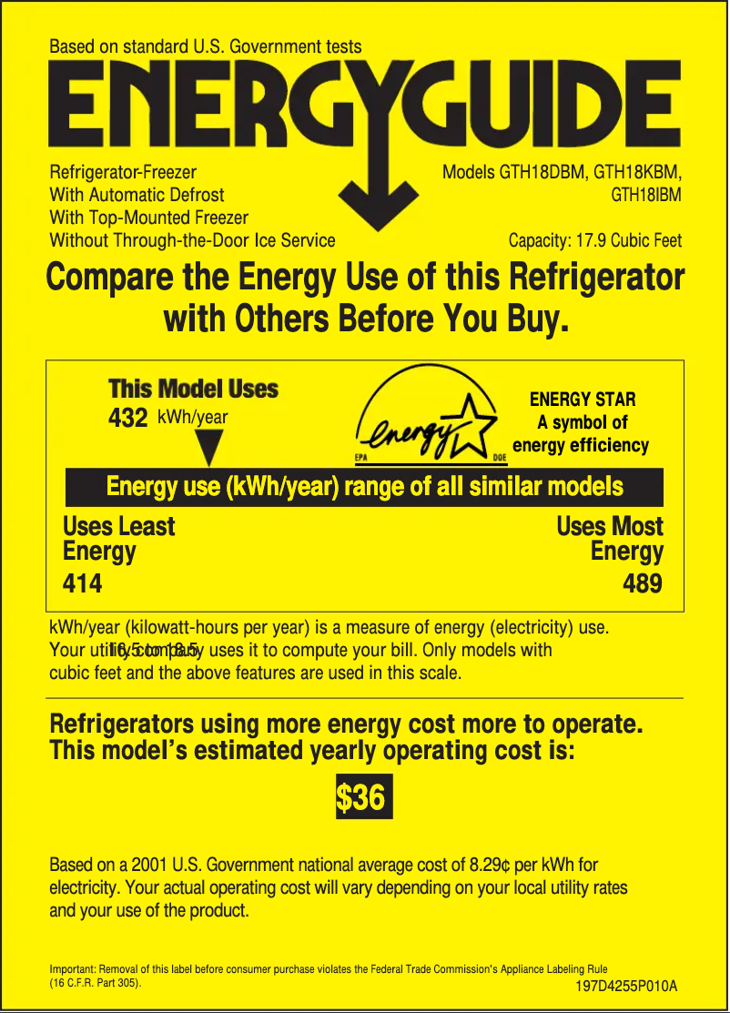 Página 1 del manual Etiqueta energética GE GTH18KBMCC