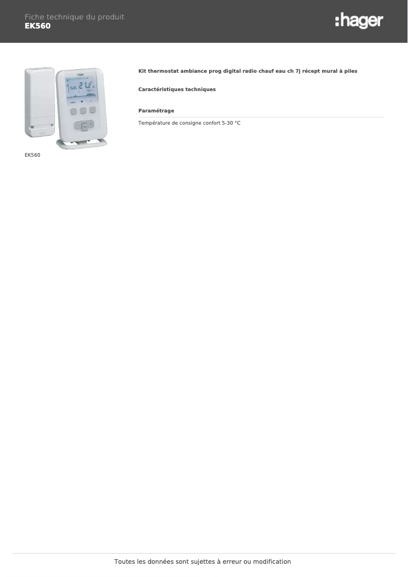 Página 1 del manual Ficha técnica Hager EK560