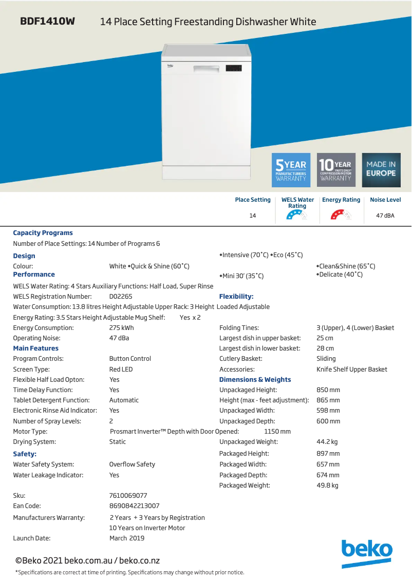 Página 1 del manual Ficha técnica Beko BDF1410W