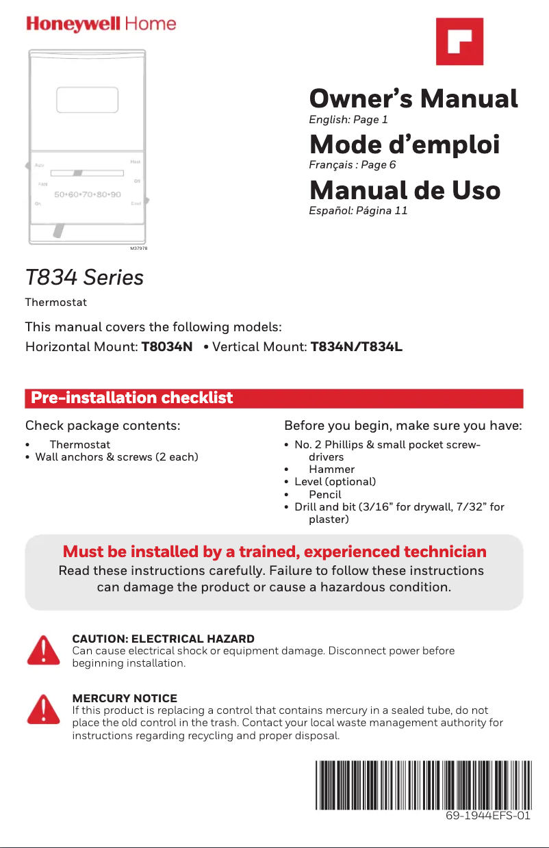 Página 1 del manual Manual de usuario Honeywell T822L1000/U