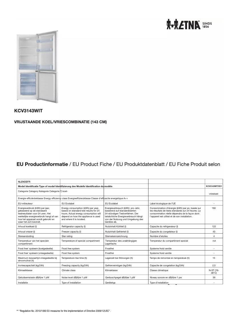 Página 1 del manual Ficha técnica Etna KCV3143WIT