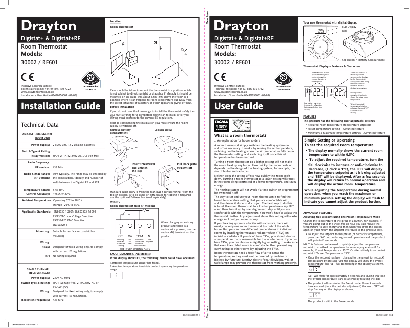Imagen de la primera página del manual del dispositivo Digistat +RF3