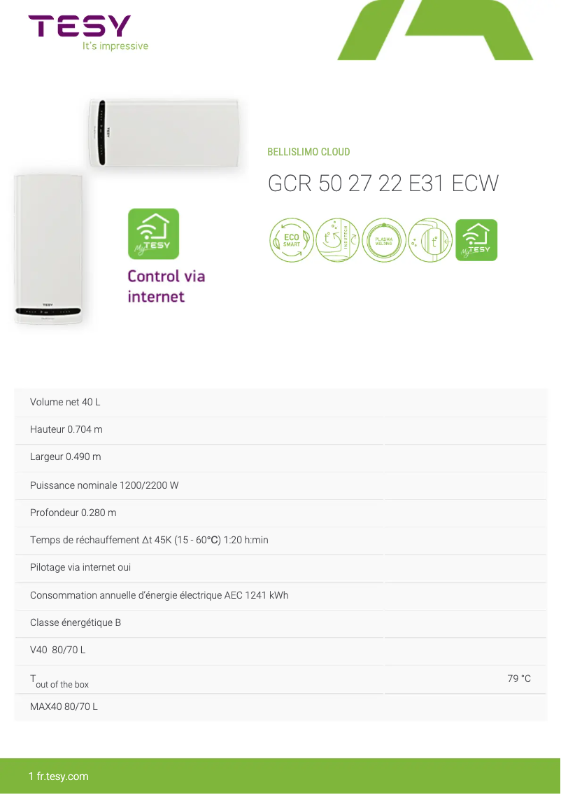 Página 1 del manual Ficha técnica Tesy BelliSlimo Cloud 50