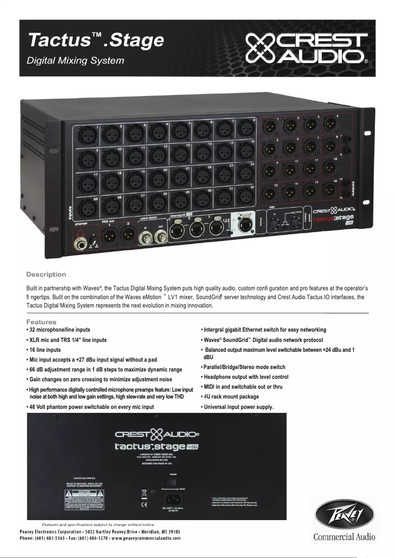 Página 1 del manual Ficha técnica Crest Audio Tactus Stage