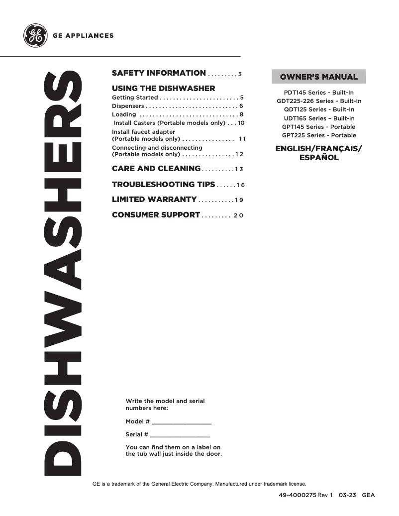 Página 1 del manual Manual de uso y mantenimiento GE GPT225SSLSS