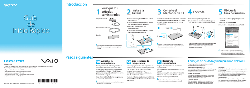 Página 1 del manual Guía de instalación Sony Vaio VGN-FW355J