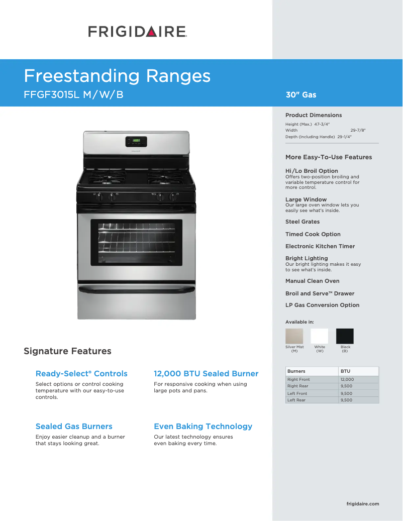 Página 1 del manual Ficha técnica Frigidaire FFGF3015L