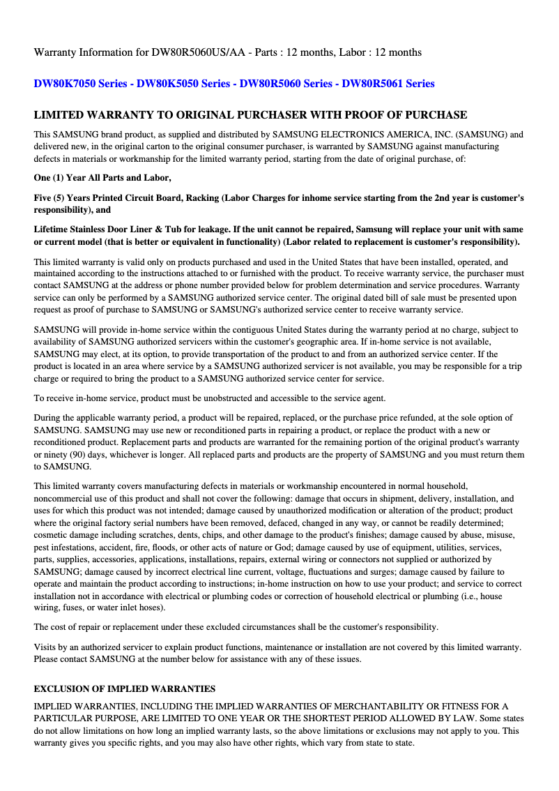 Página 1 del manual Información de garantía Samsung DW80R7061US