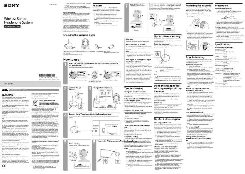 Imagen de la primera página del manual del dispositivo MDR-RF811RK