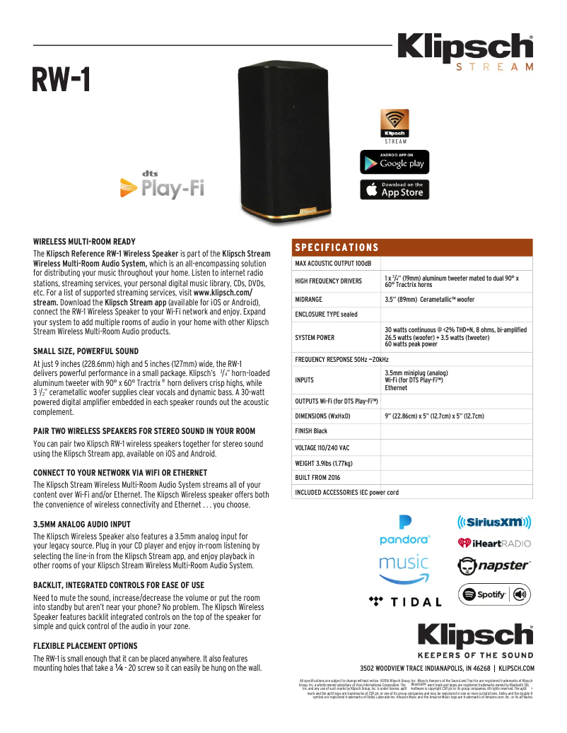 Página 1 del manual Ficha técnica Klipsch RW-1