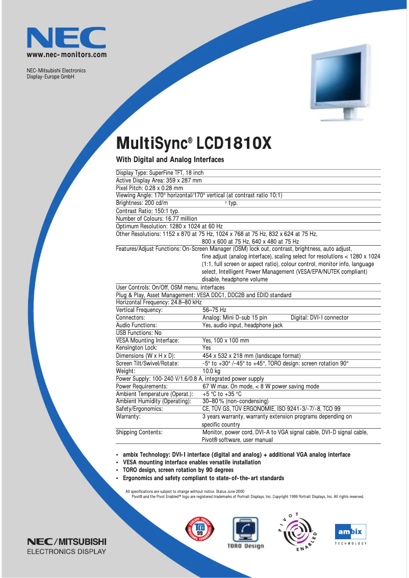 Imagen de la primera página del manual del dispositivo MultiSync LCD1810X