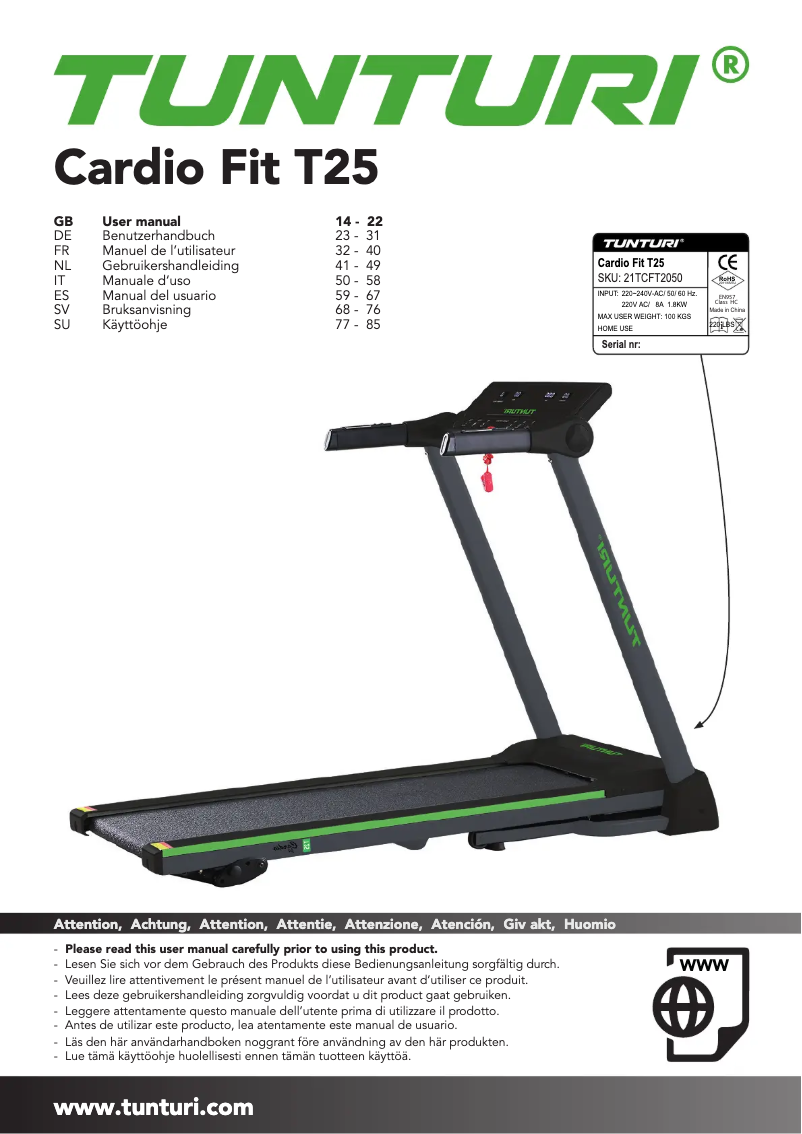 Página 1 del manual Manual de usuario Tunturi Cardio Fit T25