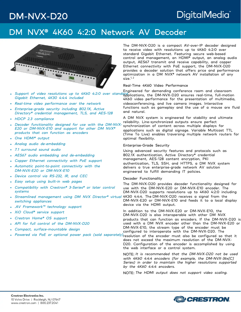 Página 1 del manual Ficha técnica Crestron DM-NVX-D20