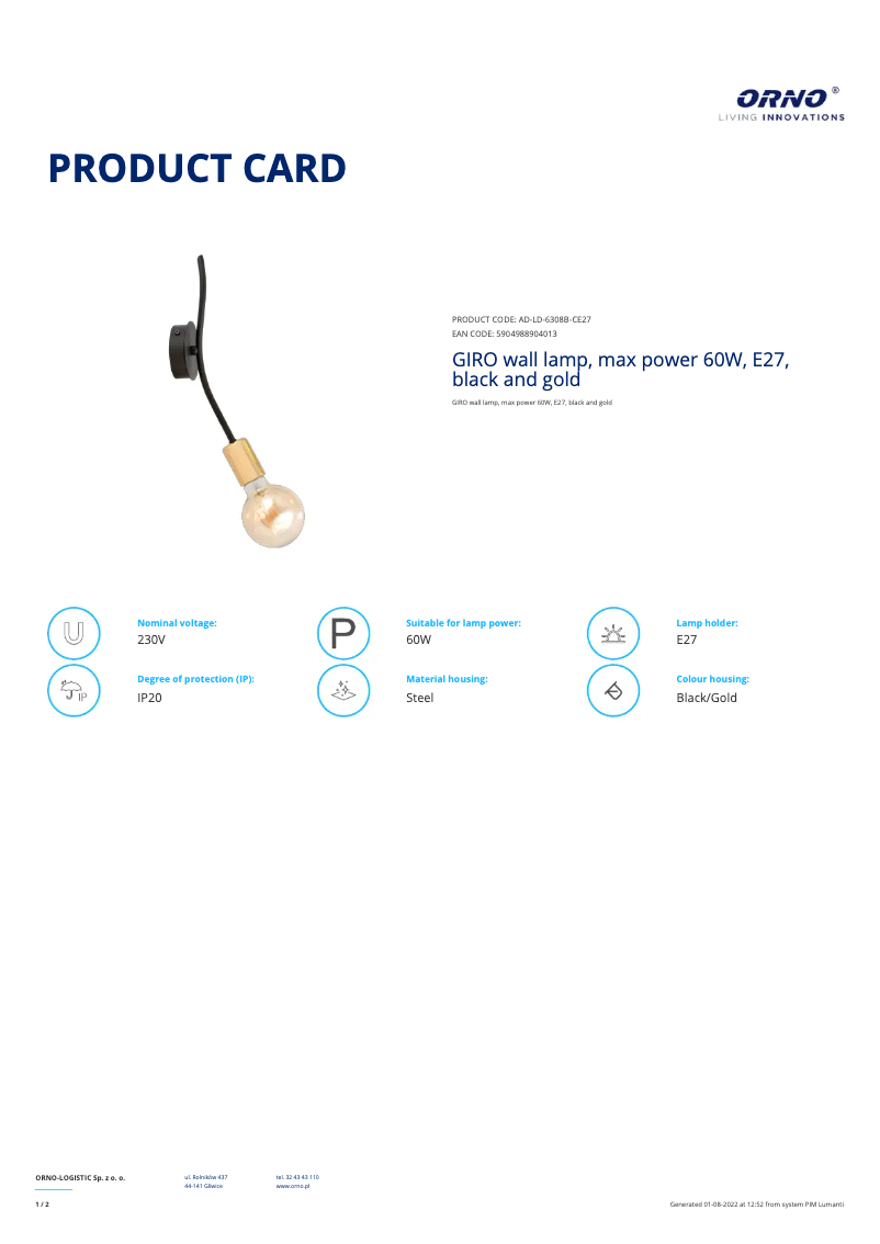 Página 1 del manual Ficha técnica Adviti AD-LD-6308B-CE27