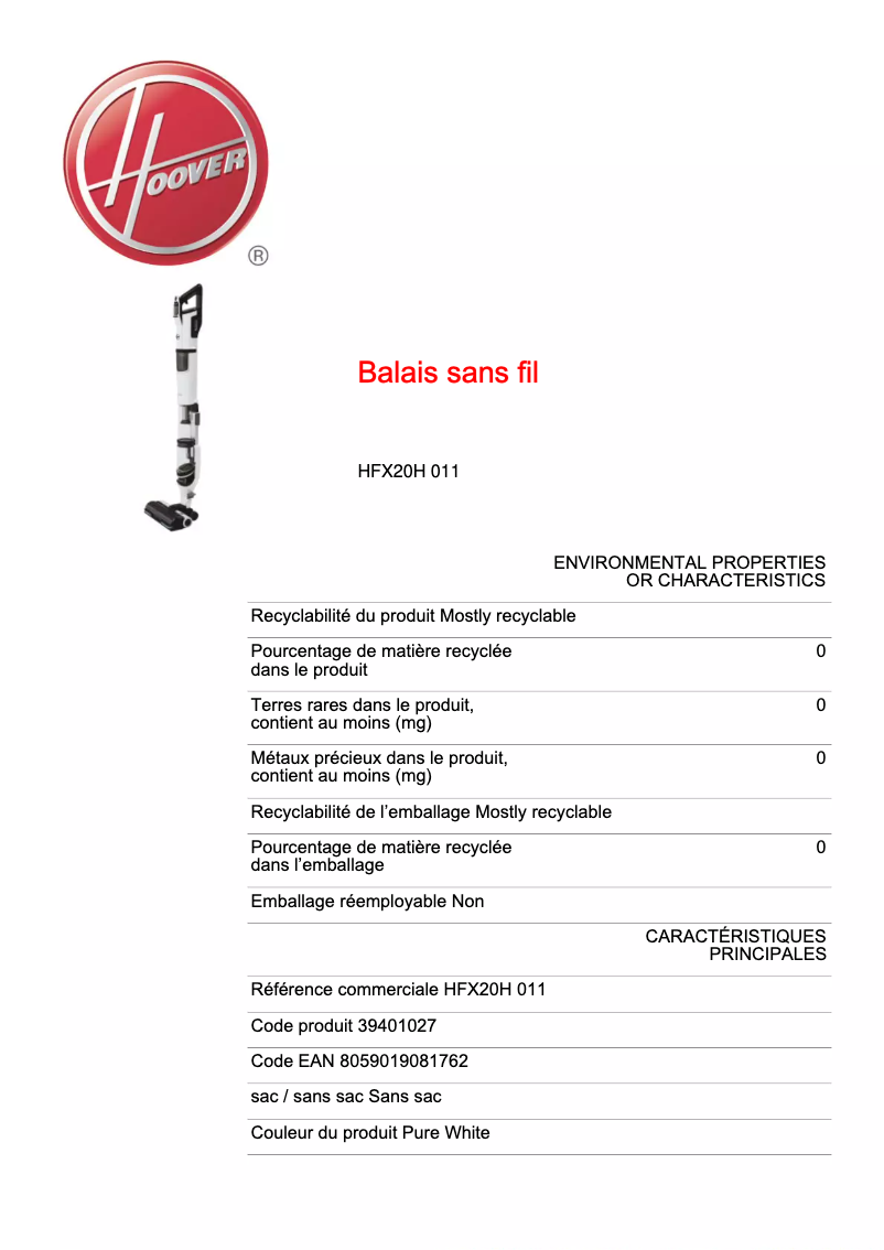 Imagen de la primera página del manual del dispositivo HFX20H 011
