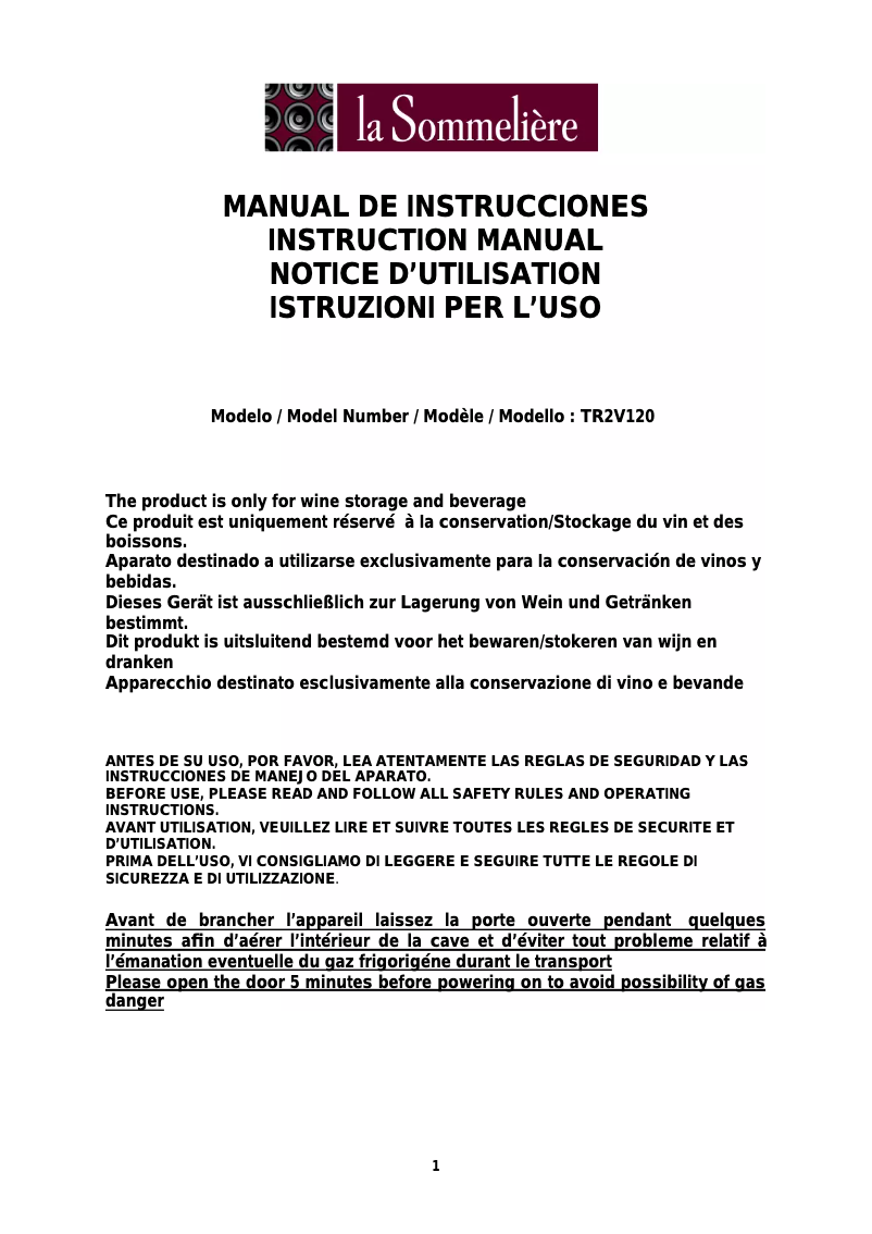 Página 1 del manual Manual de usuario La Sommelière TR2V120