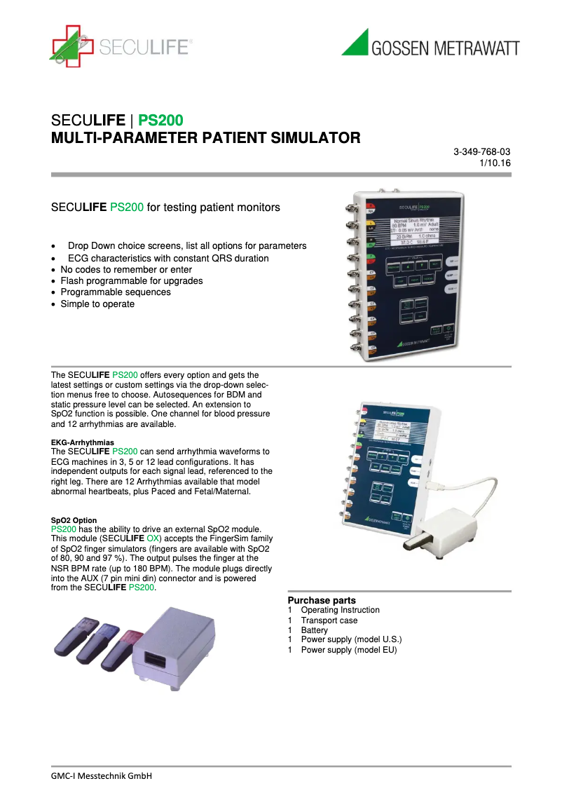 Página nº 1 - Ficha técnica Gossen Metrawatt SECULIFE PS200