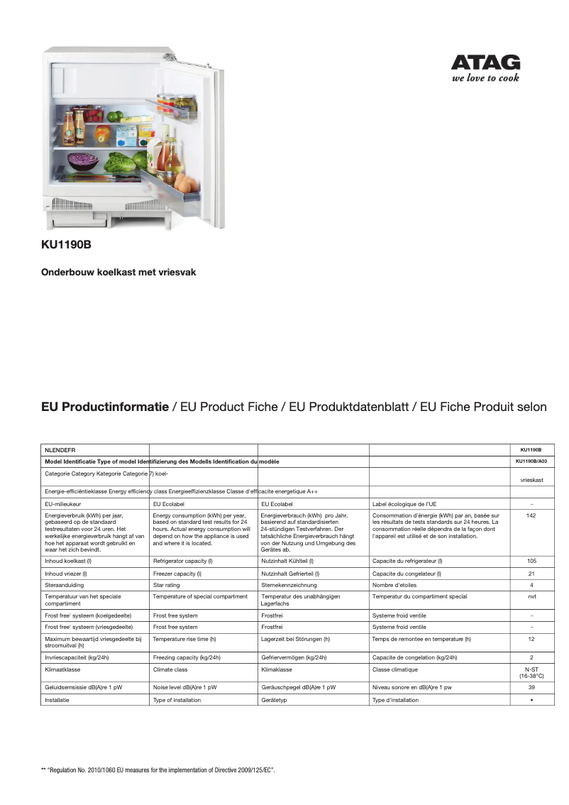 Página 1 del manual Ficha técnica Atag KU1190B