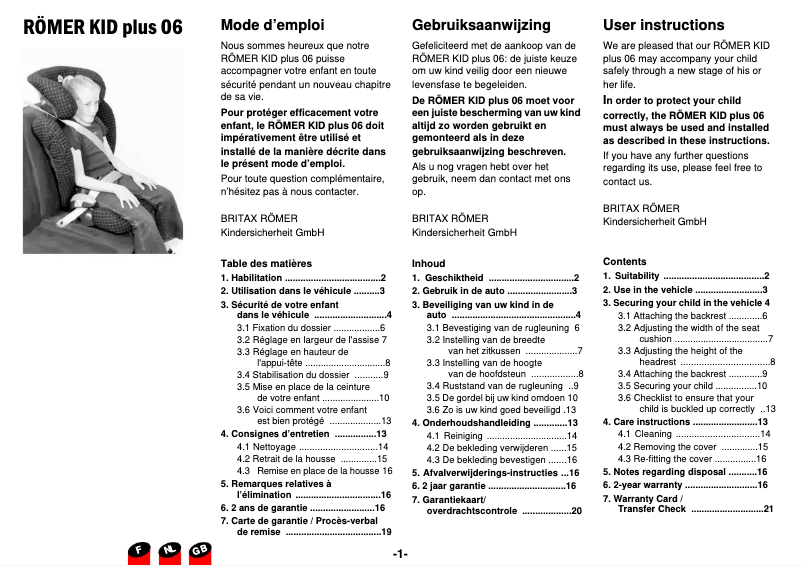 Página 1 del manual Manual de usuario Britax-Römer KID PLUS
