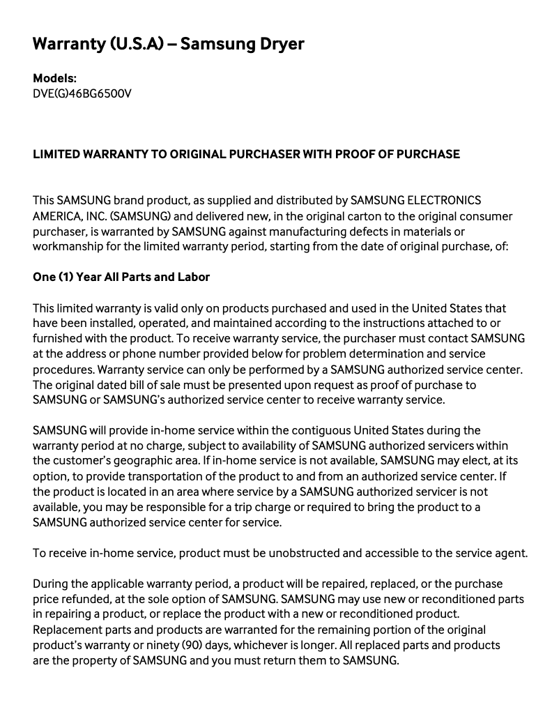 Página 1 del manual Información de garantía Samsung DVE46BG6500V