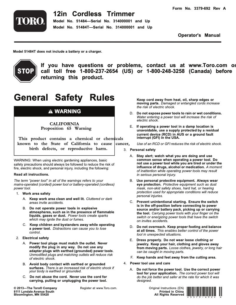 Página 1 del manual Manual de usuario Toro 51434