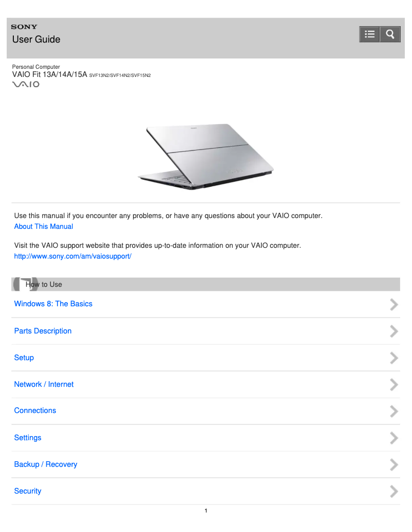 Imagen de la primera página del manual del dispositivo Vaio Fit 15 SVF15N27CLS