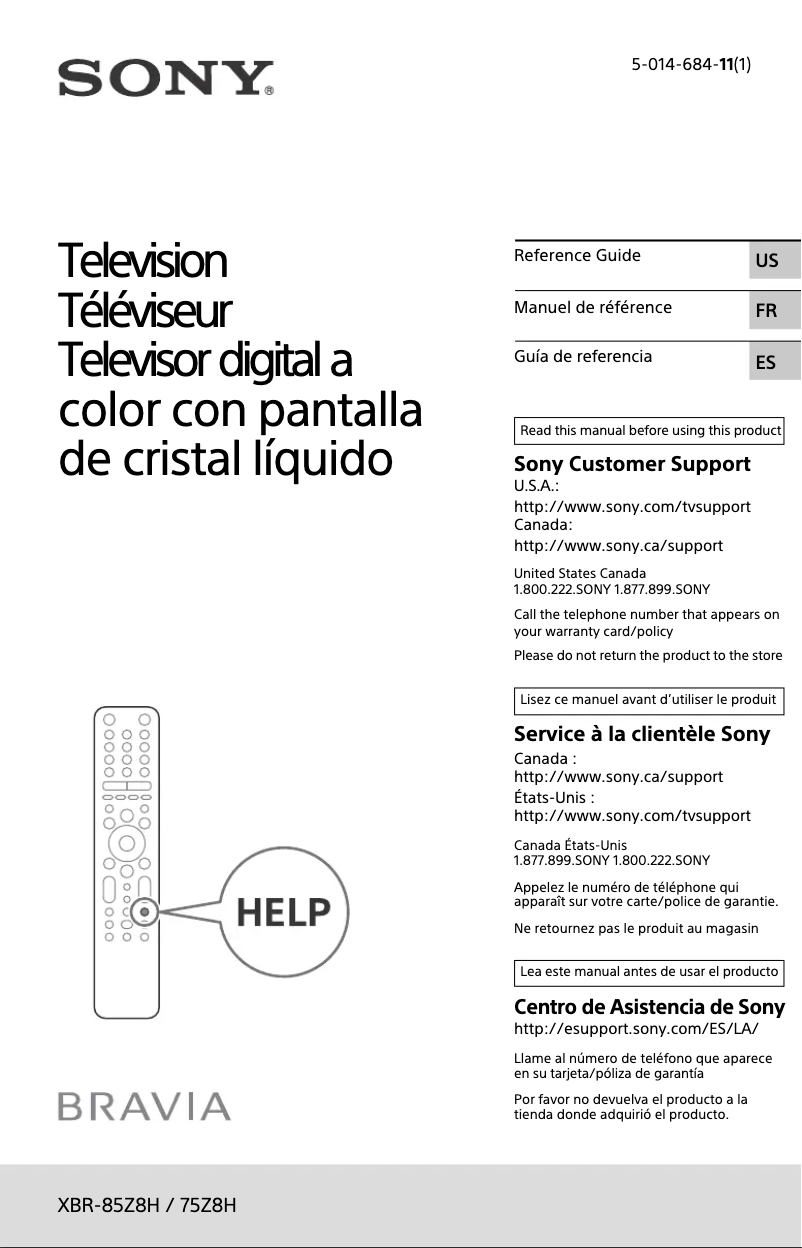Imagen de la primera página del manual del dispositivo Bravia XBR-85Z8H