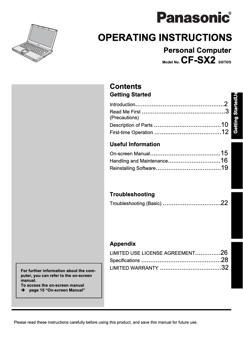Imagen de la primera página del manual del dispositivo Toughbook CF-SX2