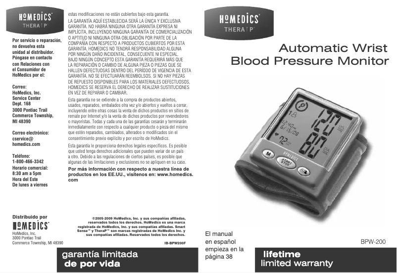 Página 1 del manual Manual de usuario Homedics BPW-200