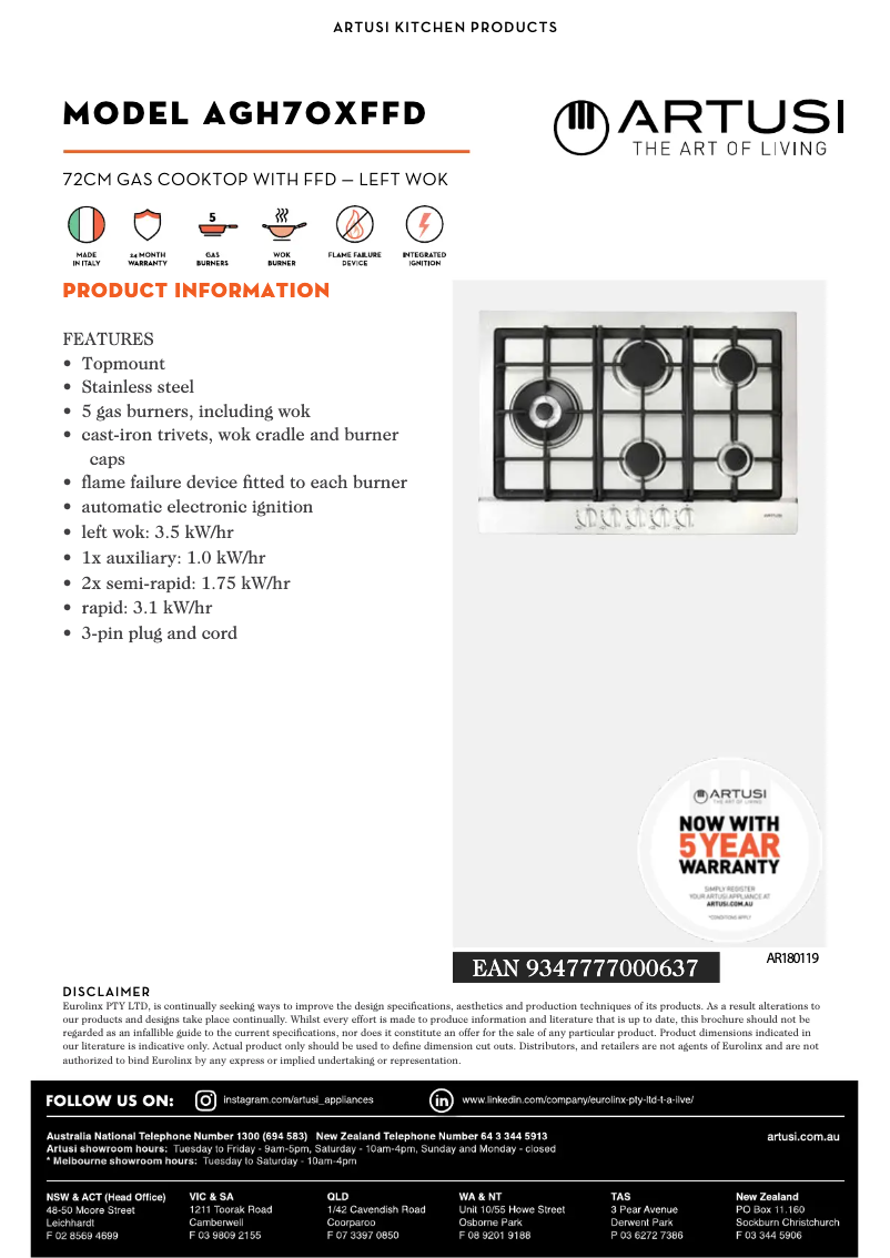 Página 1 del manual Ficha técnica Artusi AGH70XFFD