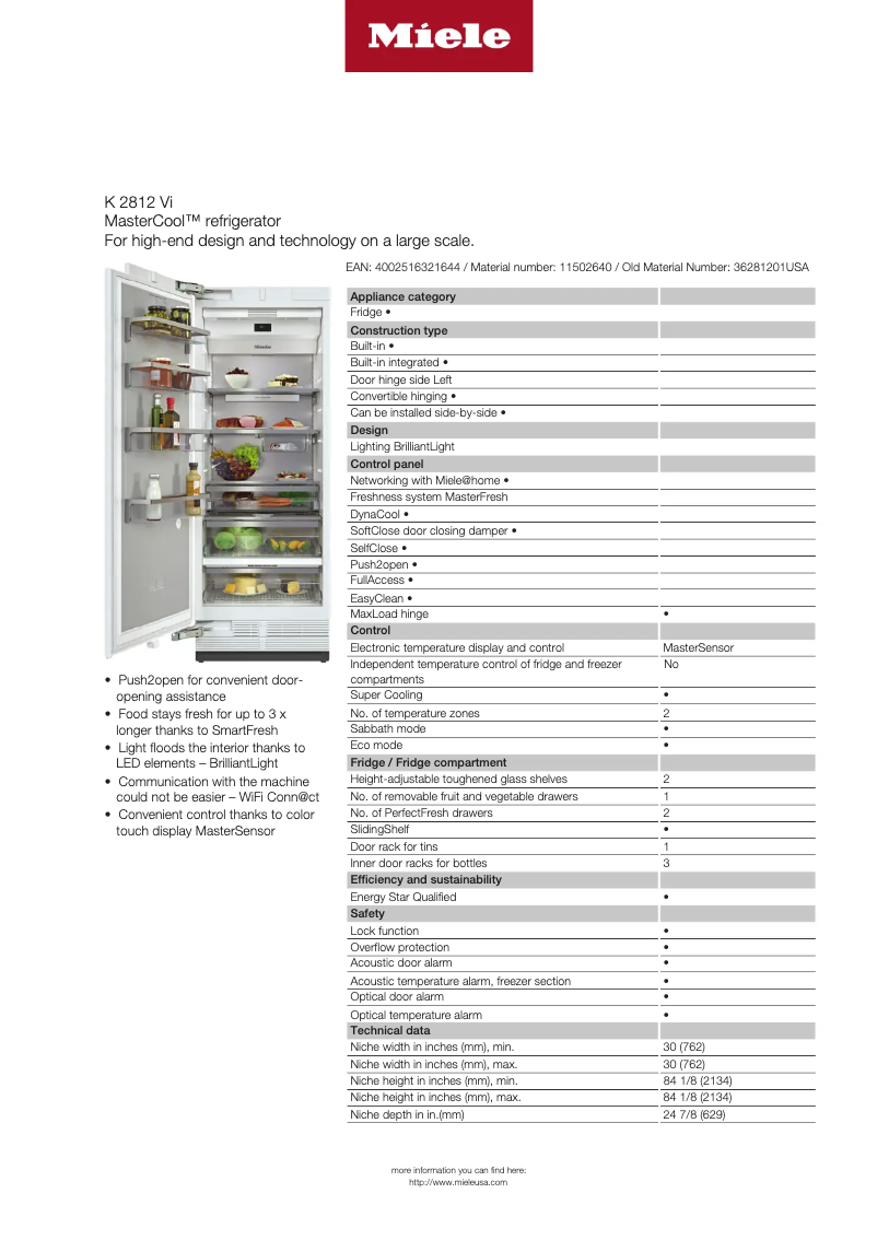 Página 1 del manual Ficha técnica Miele K 2812 Vi