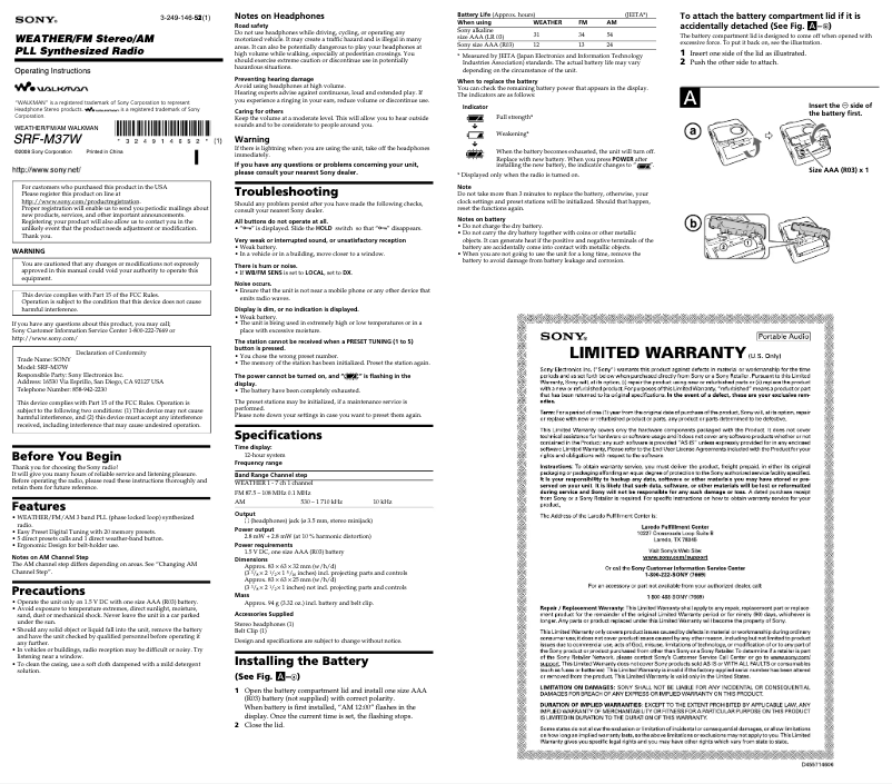 Página 1 del manual Manual de usuario Sony SRF-M37W