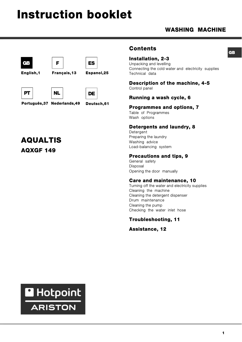 Imagen de la primera página del manual del dispositivo Aqualtis AQXGF 149 H S N