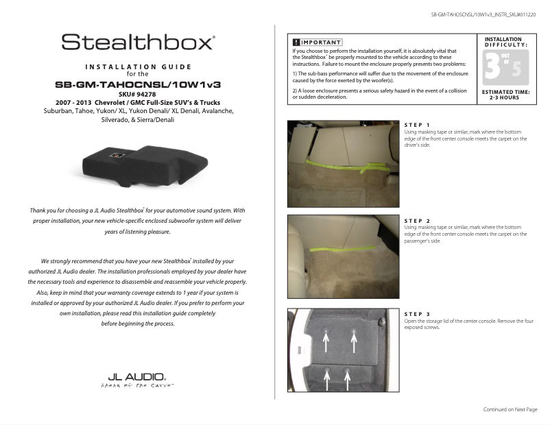 Página 1 del manual Manual de usuario JL Audio Stealthbox SB-GM-TAHOCNSL/10W1v3