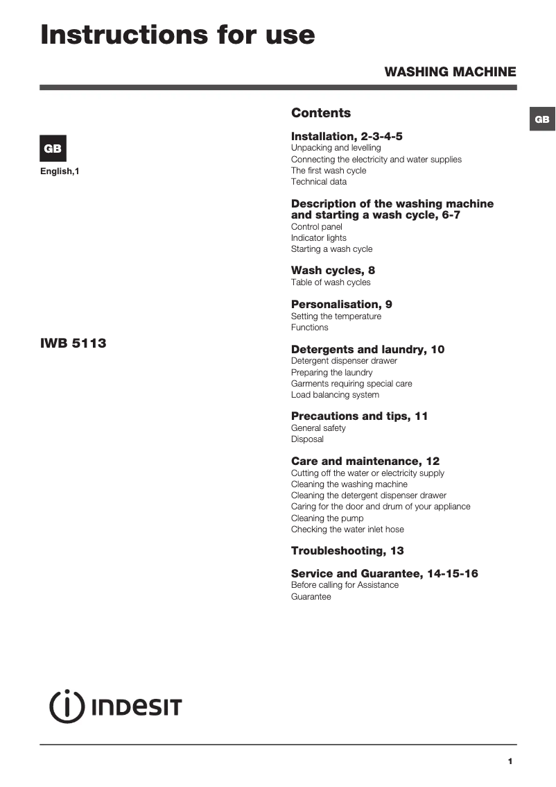 Página 1 del manual Manual de usuario Indesit IWB 5113