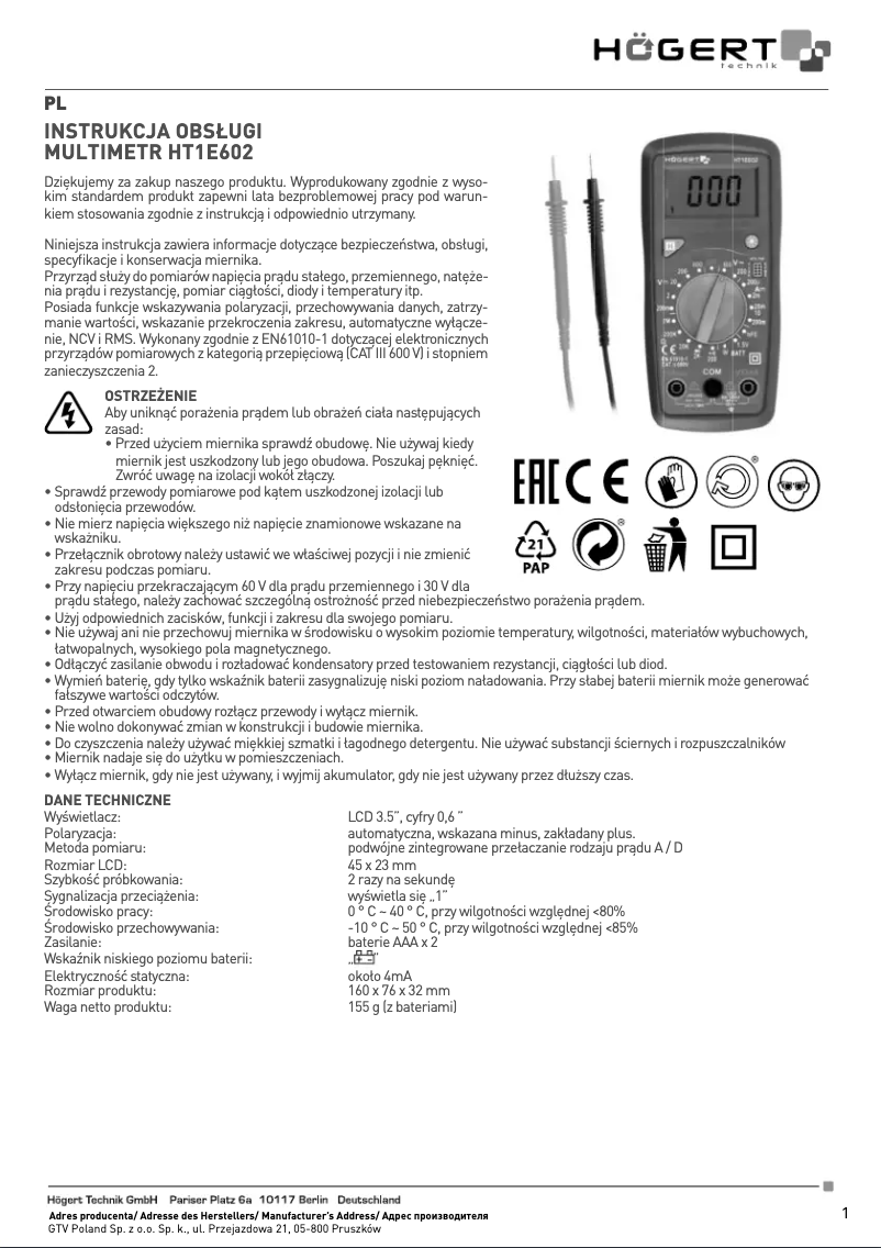 Página 1 del manual Manual de usuario Högert HT1E602
