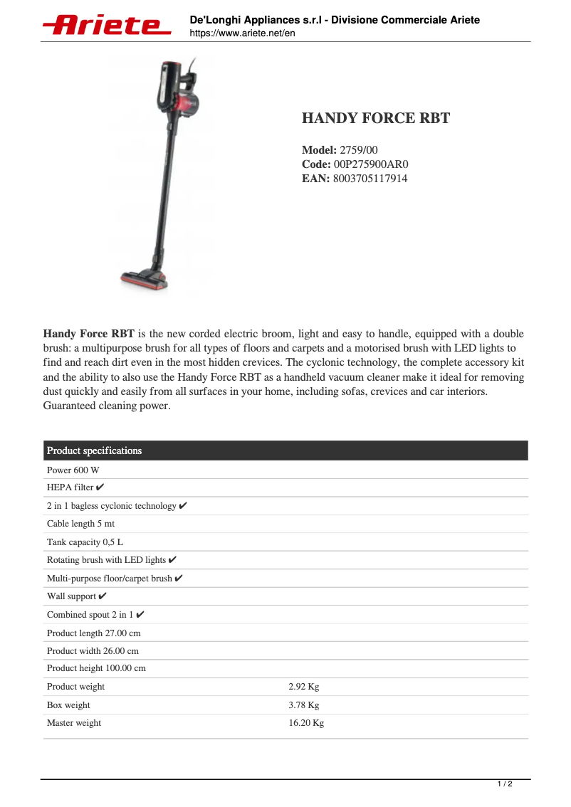 Imagen de la primera página del manual del dispositivo Handy Force RBT 2759