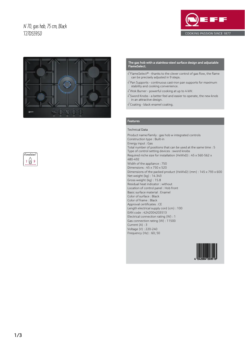 Página 1 del manual Ficha técnica Neff T27DS59S0