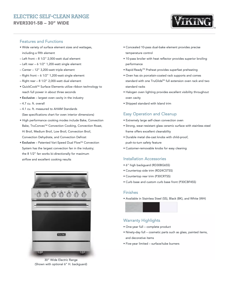 Página 1 del manual Ficha técnica Viking RVER33015BWH