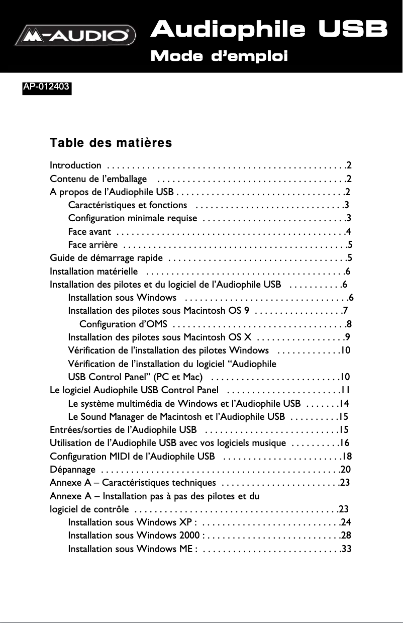 Imagen de la primera página del manual del dispositivo Audiophile USB