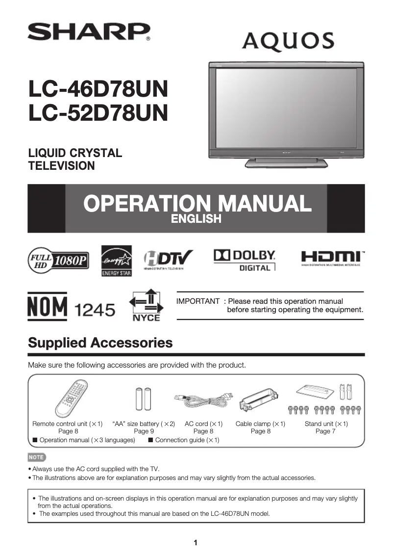 Imagen de la primera página del manual del dispositivo LC-46D78UN