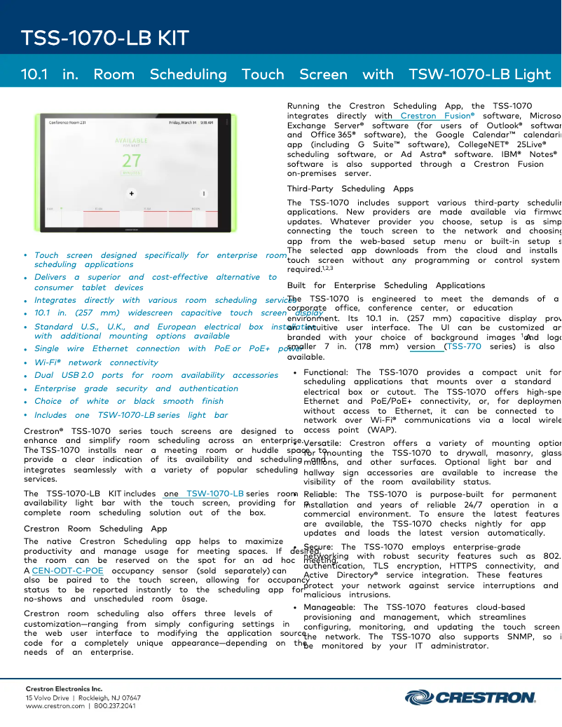 Página 1 del manual Ficha técnica Crestron TSS-1070-W-S-LB KIT