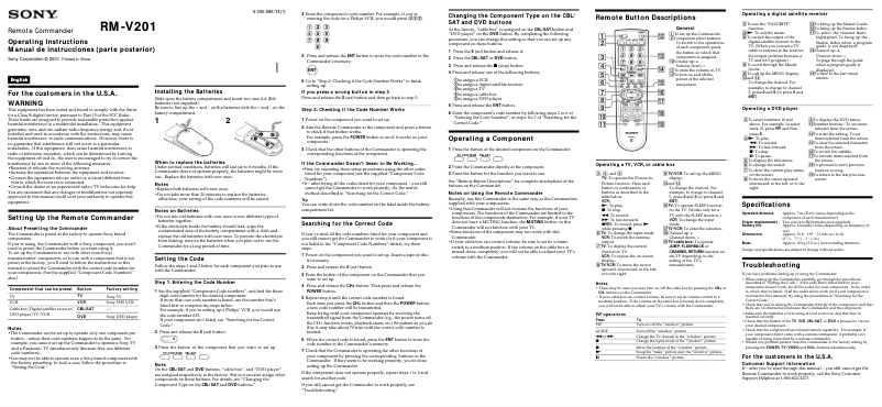 Imagen de la primera página del manual del dispositivo RM-V201